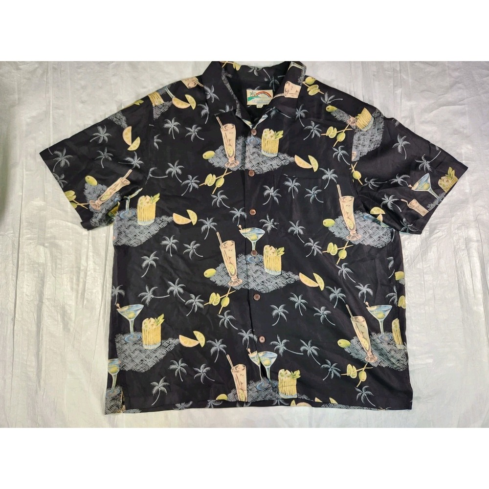 Vintage Paradise Found Hawaiian Aloha Shirt 2XL XXL Silk Short Sleeve Drinks